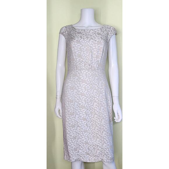 Monsoon Belted Sheath Dress US 6 UK 10 Beige White Floral Cap Sleeve Romantic - Picture 2 of 11